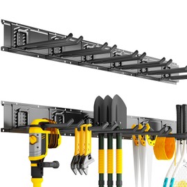 CRXCRC Garage Organization Tool Organizer Wall Mount, 48inch Heavy Duty Garden Tool organizer Storage System, Easy Install With 6 Adjustable Straight Hooks, For Garage, Basement, Shed, Workshop(Black)