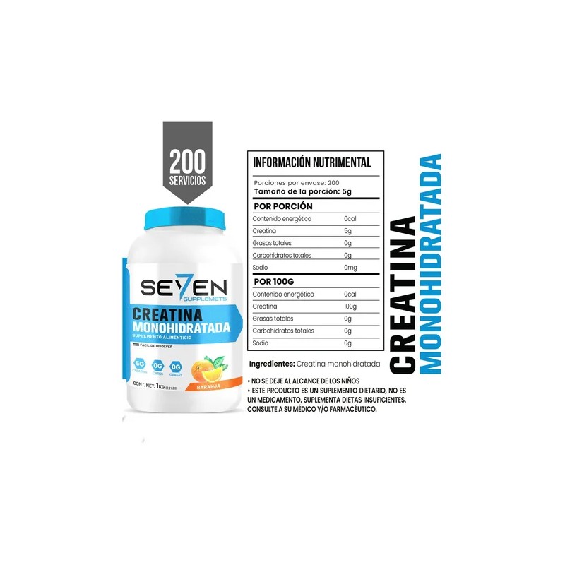 Suplemento Creatina Monohidratada Seven 1 Kg 200 Servicios