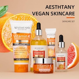 Set de cuidado de la piel con vitamina C, kit de cuidado de la piel con ácido hialurónico, crema facial, suero facial, crema para ojos, tóner para hid