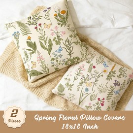 Spring Vintage Floral Pillow Covers 18x18 Set of 2, Sage Green Wild Flowers Plant Outdoor Decorations Throw Pillows Case，Summer Rustic Botanical Print Pillow Cover for Farmhouse Sofa Couch Bed Decor