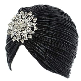 EORUBE Vintage Turban Hat with Crystal Brooch Feather Turban Headwraps for 1920s Gatsby Costume Cocktail Party (Brooch Style 1 - Black)