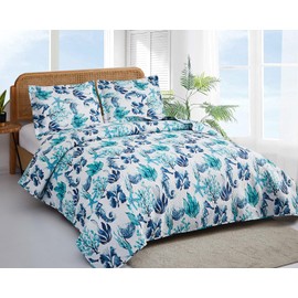Beach Quilt Sets Twin Size Ocean Theme Bedspread Coastal Bedding Set Blue Seahorse Starfish Shell Quilts Lightweight Reversible Bed Coverlet Soft Summer Bed Cover with 2 Pillowshams