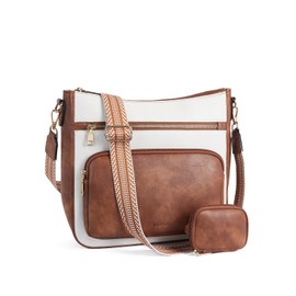 Telena Crossbody Bags for Women Leather Hobo Shoulder Handbag with Mini Wallet Guitar Strap Zipped Pockets Beige Brown