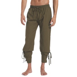 perdontoo Men's Ankle Banded Cuff Renaissance Pants Medieval Viking Navigator Trousers Pirate Cosplay Costume (36, Olive)