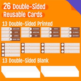 Daily Schedule Pocket Chart, Burlap Classroom Chart with 13+1 Pockets, 26 Reusable Cards (13 Double Sided Printed Cards & 13 Blank Ones) plus 2 Metal Mounting Hangers (Burlap, 13” x 36”)