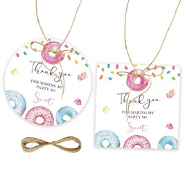FORSHEEP 50pcs Donut Thank You Tags, Sweet One Gift Tag with String for Donut Themed Baby Shower Party, Round Thank You Paper Tags for Baby Girl First Birthday/Two Sweet Birthday Party Favors