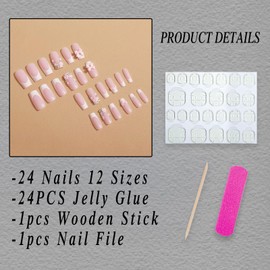 Jremg French Tip Press on Nails Medium Square Fake Nails with 3D Bow Flower Charms Design Glossy Nude Color French Nail Tips False Nails Cute Rhinestones Stick on Nails Acrylic Nails for Women 24Pcs