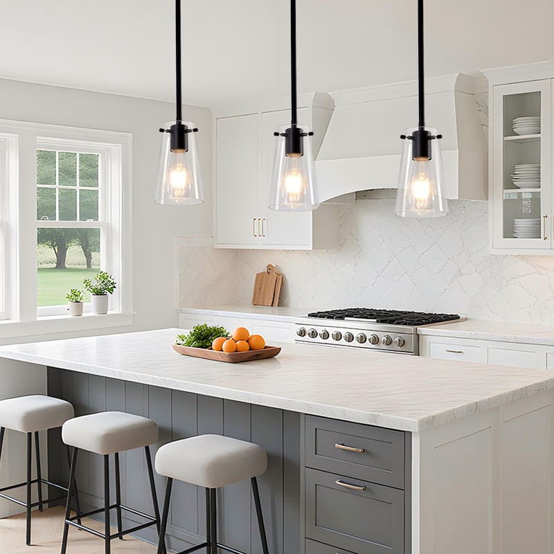 BESTWEST Pendant Light Fixtures for Kitchen Island, Matte Black Clear