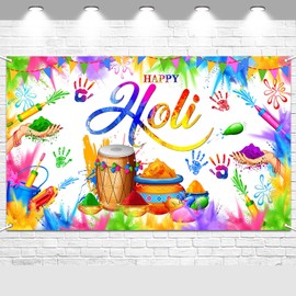 Avezano Happy Holi Banner Indian Happy Holi Backdrop Colorful Splatter Handprint Hindu Festival of Colors Holi Decorations Banner 70.8x43.3"