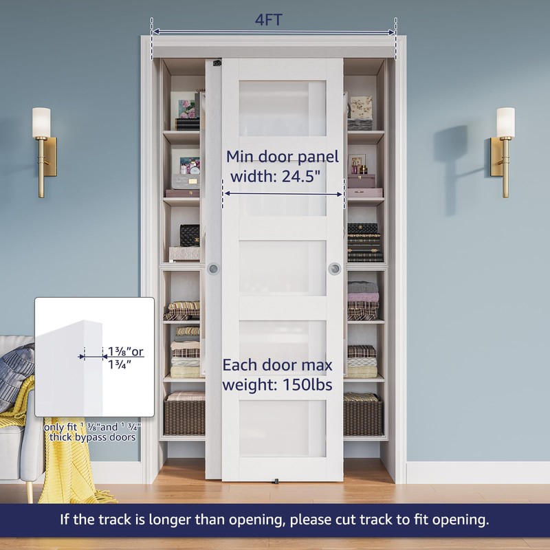 COSHOMER 4FT Bypass Door Hardware, Closet Door Track Kit, Top-Mounted