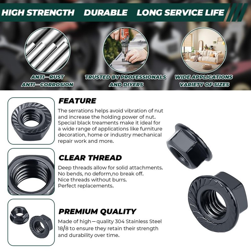 M10-1.5 Black Flange Nuts (25 pcs), 304 Stainless Steel 18/8,