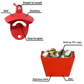 Luwanburg Red Bottle Opener Wall Mounted Beer Top Opener with Cap Bucket Collector