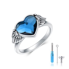 Urn Ring for Ashes Sterling Silver Hold You in My Heart Angel Wings Cremation Memorial Keepsake Jewelry with Blue Heart Crystal, US Size 8