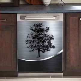 Kitchen Decor Black Realistic Stainless Steel Tree Dishwasher Magnet Decorative Lid, Magnetic Dishwasher Front Lid, Magnetic Refrigerator Door Lid Sticker 23" x 26"