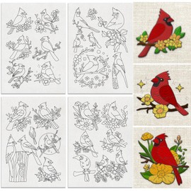 DOODLREAM 24Pcs Cardinalis Bird Water Soluble Hand Sewing Stabilizers, 21x29.7cm Bird Flower Embroidery Pattern Stabilizer, 4 Sheets Cardinalis on The Branch Stick and Stitch Embroidery Paper Sticker
