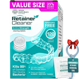 Weiss Naturals Retainer Cleaner Tablets, Invisalign Cleaner, Remove Stains, Odors & Plaque, PERSULFATE FREE Night Guard & Denture Cleaner 4-Month Supply, 120 Mint Scented Tablets