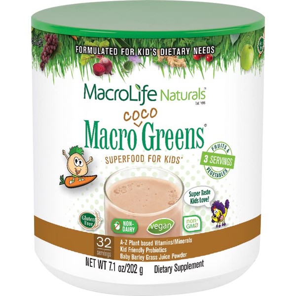 MacroLife Naturals MacroCoco Greens Chocolate Superfood Powder for Kids Raw Fruits Veggies Probiotics & Digestive Enzymes, Immunity Energy, Non-GMO, Vegan, Gluten, Dairy Free - 7oz (32 Servings)