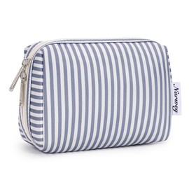 Narwey Small Striped Makeup Bag for Purse Mini Cosmetic Bag Travel Makeup Pouch Zipper Pouch Cute Make up Bags with Compartments for Women Girls (Greyish Blue Stripe, Small)
