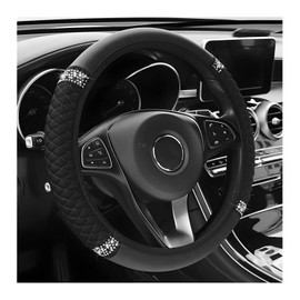 Car Steering Wheel Covers Leather Bling, Steering Wheel Cover Universal 37-38cm Anti-Slip Breathable Rhinestones Without Inner Ring Car Interior Accessories Black