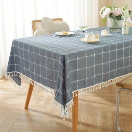 Rustic Plaid Cotton Linen Tablecloth Checkered Waterproof with Tassel Table Cover Decoration for Kitchen Dining Christmas Party 55" x 70", Rectangle, Gray, 4-6 Seats