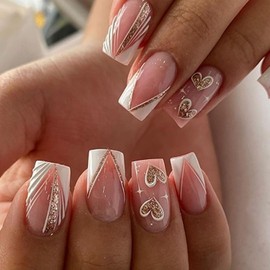 FIEONCIY Press on Nails Square Short Length Glossy Full Cover Acrylic Short Square Shaped False Nails with French Designs Artificial Fake Nails Glue Stick ons Fingernails for Women Girls(JP3768)