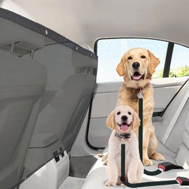 SunGrow  Dog Seat Belts with Barrier, 2 Adjustable 28" Nylon Belts, 24" x 45" Micro Mesh Net Divider for Cars, SUVs, and Trucks, 4 Hooks and Luggage Ropes for Assembly, Black, 1 Set per Pack