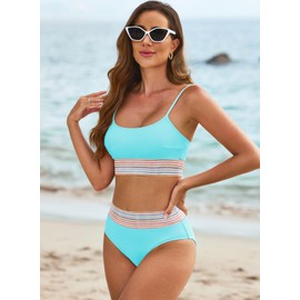 Herseas Womens Turquoise Bikini Sets Two Piece High Waisted Color Block Swimsuit Scoop Neck Sporty Push Up Bathing Suit Neon Tankini Set XX-Large