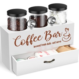 Skybooly 3 Pcs Coffee Canister Set with Shelf and Spoon Plastic Coffee Bean Storage Container with Lids Coffee Storage Box with Drawer Food Storage Jars for Coffee Bar Kitchen (White)