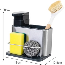 BOOSEN 3 en 1 Dispensador de Jabon Cocina, Organizador de Fregadero de Cocina Multifuncional con Soporte de Esponja y Soporte para Cepillo para Polvo, Organizador Accesorios de Cocina Inoxidable