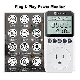 KETOTEK Electricity Usage Monitor Plug Digital Watt Meter Electrical Power Consumption Meter LCD Display Energy Voltage Amps Meter Socket Overload Protection 1800W
