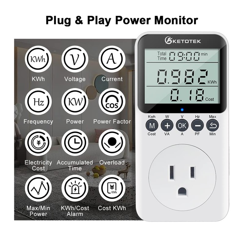 KETOTEK Electricity Usage Monitor Plug Digital Watt Meter Electrical Power
