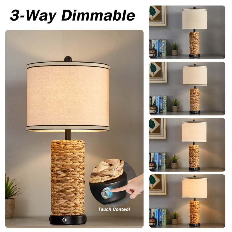 GyroVu Rattan Table Lamp Set of 2, Wicker Lamps, Dimmable