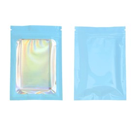 Holographic Foil Clear Window & Blue Resealable Zip Baggies for Small Business, Home Use, Food Storage, Beauty Sample, Bulk, DIY Hangover Kit Bags (100, 5.51 inch x 7.87 inch)