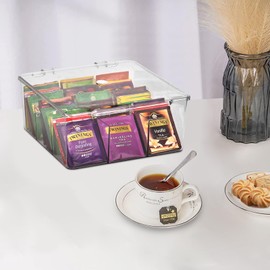 Wuudi Tea Storage Box Tea Organizer Made of Clear Plastic with 9 Compartments Tea Bag Holder for Tea Bags,Sugar, Coffee Pods or Other Small Items