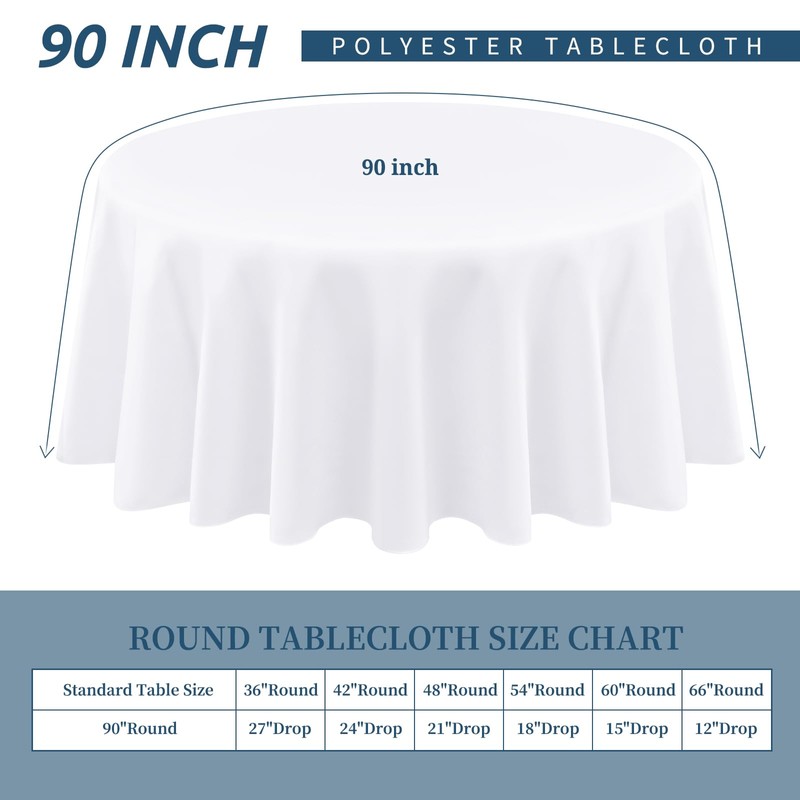 1 Pack High Quality Round Tablecloth, 90 Inch, White Polyester