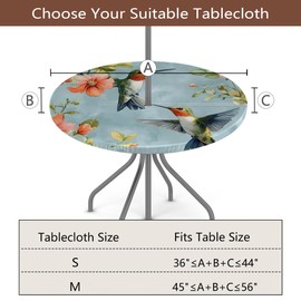 Round Garden Table Cloth With Parasol Hole, Birds Flowers Outdoor Circular Fitted Tablecloth with Umbrella Hole Waterproof Elastic Edged Table Cover for Party Picnic, Fit for 45"-56" Round Tables