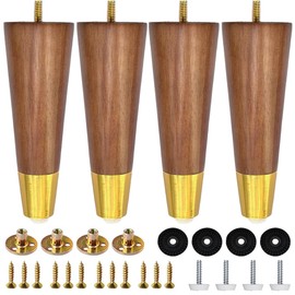 TAOEIFUOR Hard Wood Furniture Legs with Gold Caps 6 Inch Mid-Century Modern Replacement Legs for Couch Dresser Cabinet Vanity Ottoman Walnut Color Sofa Legs Set of 4