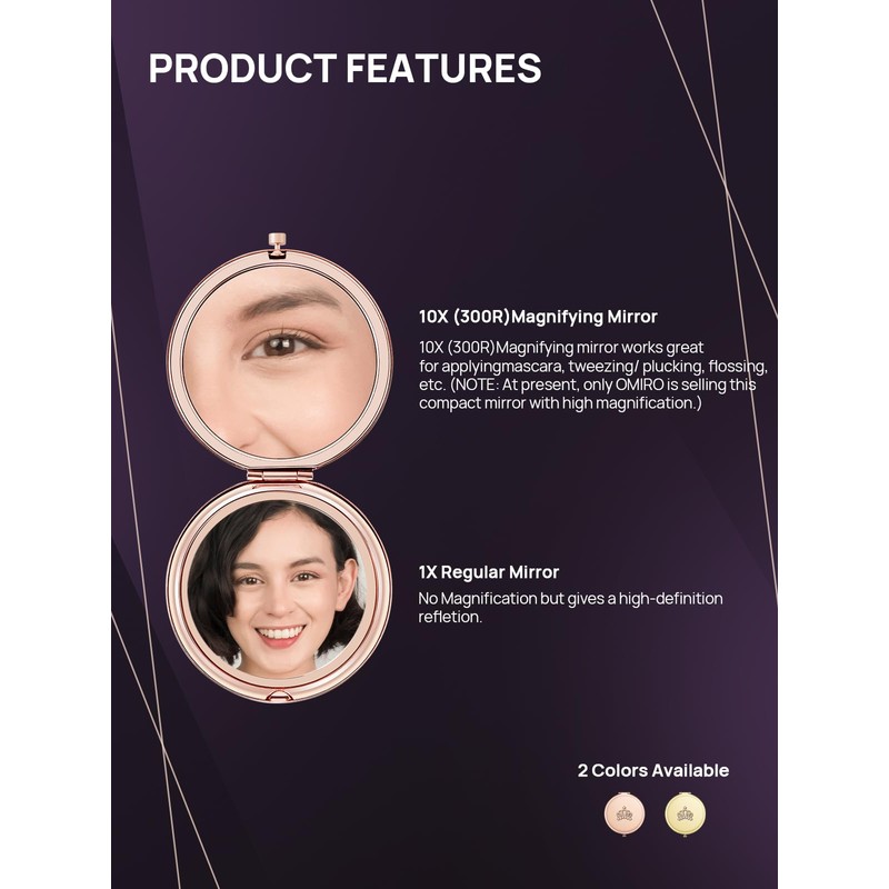 OMIRO 1X/10X(300R) Magnifying Compact Mirror, Small Crown Engraved Pocket Makeup