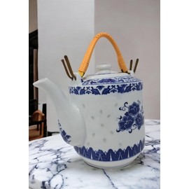 Large Teapot Blue and White Porcelain 64 OZ