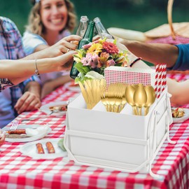 NelyBet Silverware Caddy Utensil Holder With Handle,Outdoor Silverware Holder Picnic Caddy and Camping Utensil Organizer, Flatware Holder for Party Gatherings, Metal -White