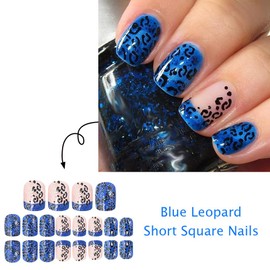 Short Press on Nails Square Glue on Nails with Blue Leopard Cheetah Design Glossy Skin Tones Fake Nails Sliver Glitter False Nail Reusable Full Cover French Tips Stick on Nail for Women Girls 24Pcs