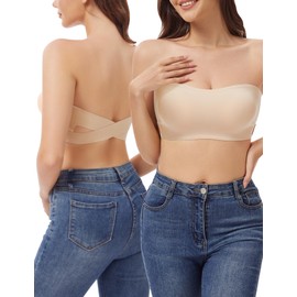 MELLIEX Women's Strapless Bra Without Underwire Push Up Bra Without Straps Fixed Padding Bandeau Tube Top Seamless, nude, L