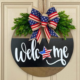 Welcome Sign for Front Door Decoration, 12" Round Wood Wreaths Hanging Welcome Sign Porch Farmhouse Decor Housewarming Gift