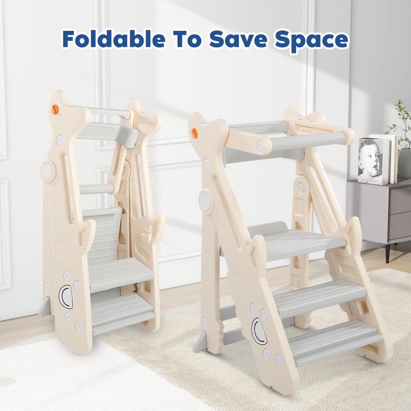 Dollate Foldable Adjustable Toddler Step Stool with Safety Rail, Anti-Slip