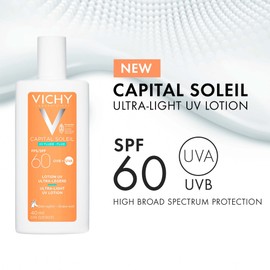 Vichy Face Sunscreen SPF 60, Capital Soleil Ultra Light UV Lotion for All Skin Types, with Broad Spectrum UVA-UVB Protection, Antioxidant, Vitamin E. Travel Size Sunscreen, 40 ml.