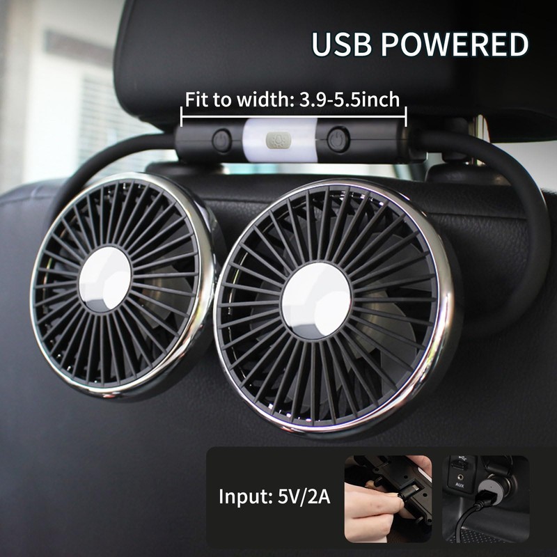 USB Car Fan for Backseat - Dual Head 360° Rotatable