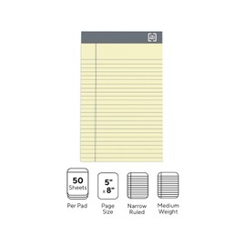 TRU RED Notepads, 5-inch x 8-inch, Narrow Ruled, Canary, 50 Sheets/Pad, 24/Carton (TR59901/TR573VS)