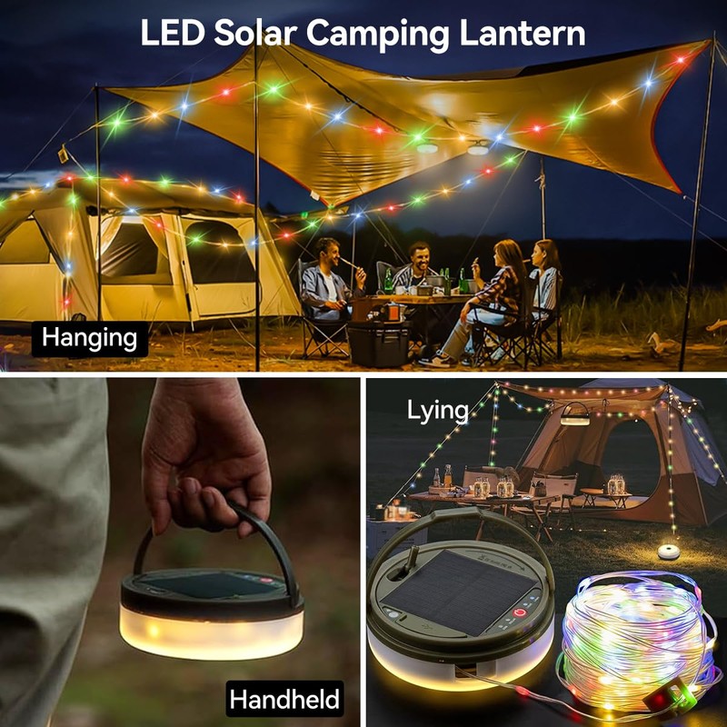 40FT Solar Camping String Lights, Rechargeable String Lights with 8