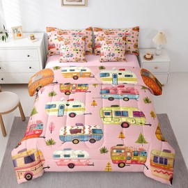 Feelyou Colorful Camping Car Comforter Set with Sheets Twin Size Kids Pink Happy Camping 7 Pieces Bedding Set Boys Girls RV Camping Bed in a Bag Camper Accessories for Travel Trailers Bed Set