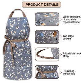 DASSIRA Premium Waterproof Kitchen Apron for Women with Two Pockets, Cute Apron for Dishwashing, Cooking, Baking, Gardening, Art, Pottery, Fall Aprons for Women (Floral grey)